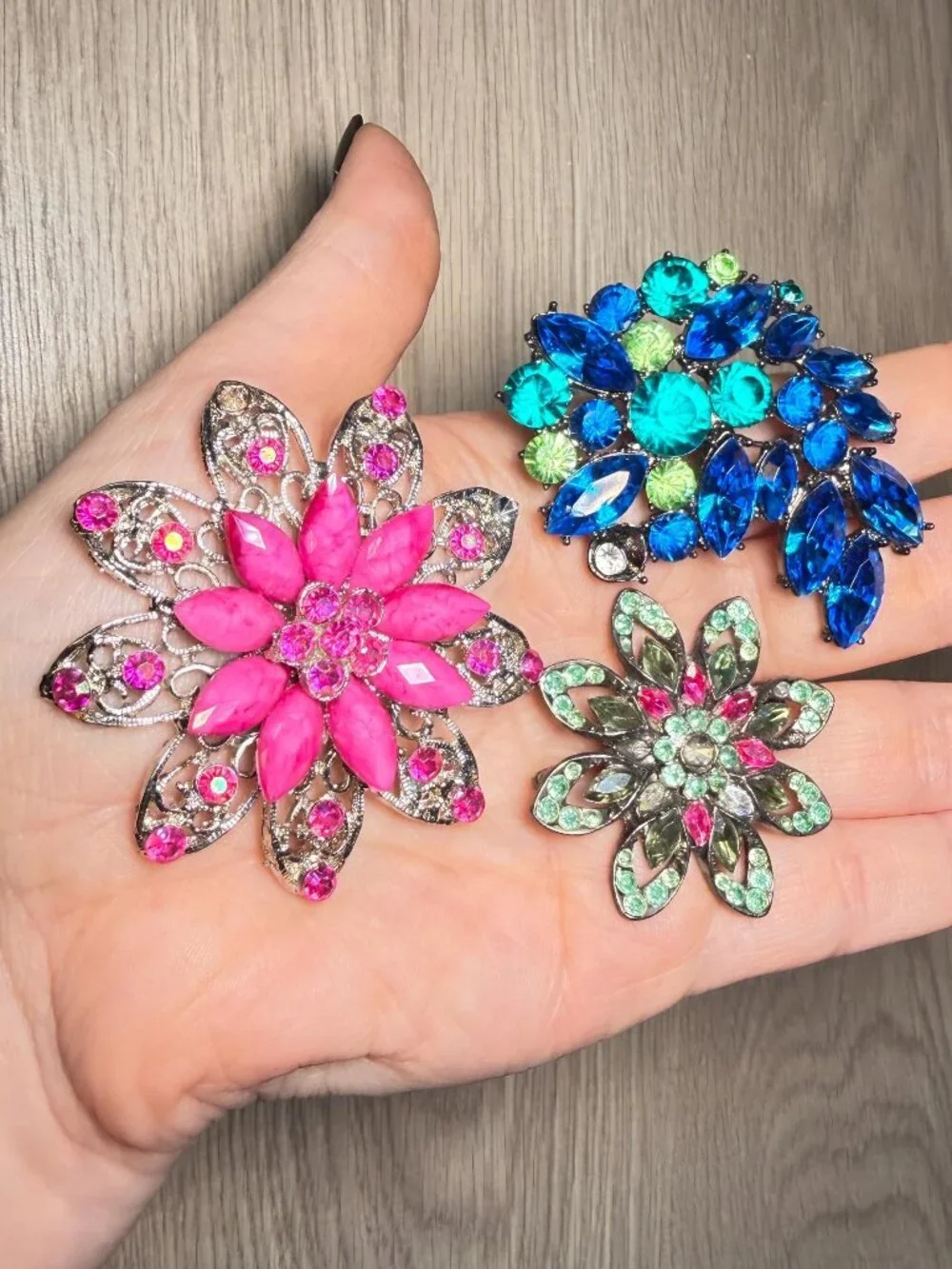 Vintage Rhinestone Flower Brooch Repair Lot Set of 3 Upcycle Craft Jewelry